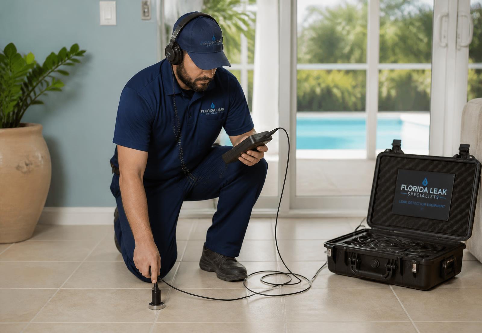 Leak detection technician using acoustic listening equipment on a Tampa home's tile floor