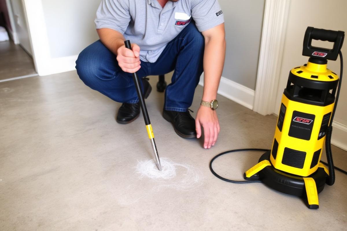 Marked slab leak location on a concrete floor in a Tampa home