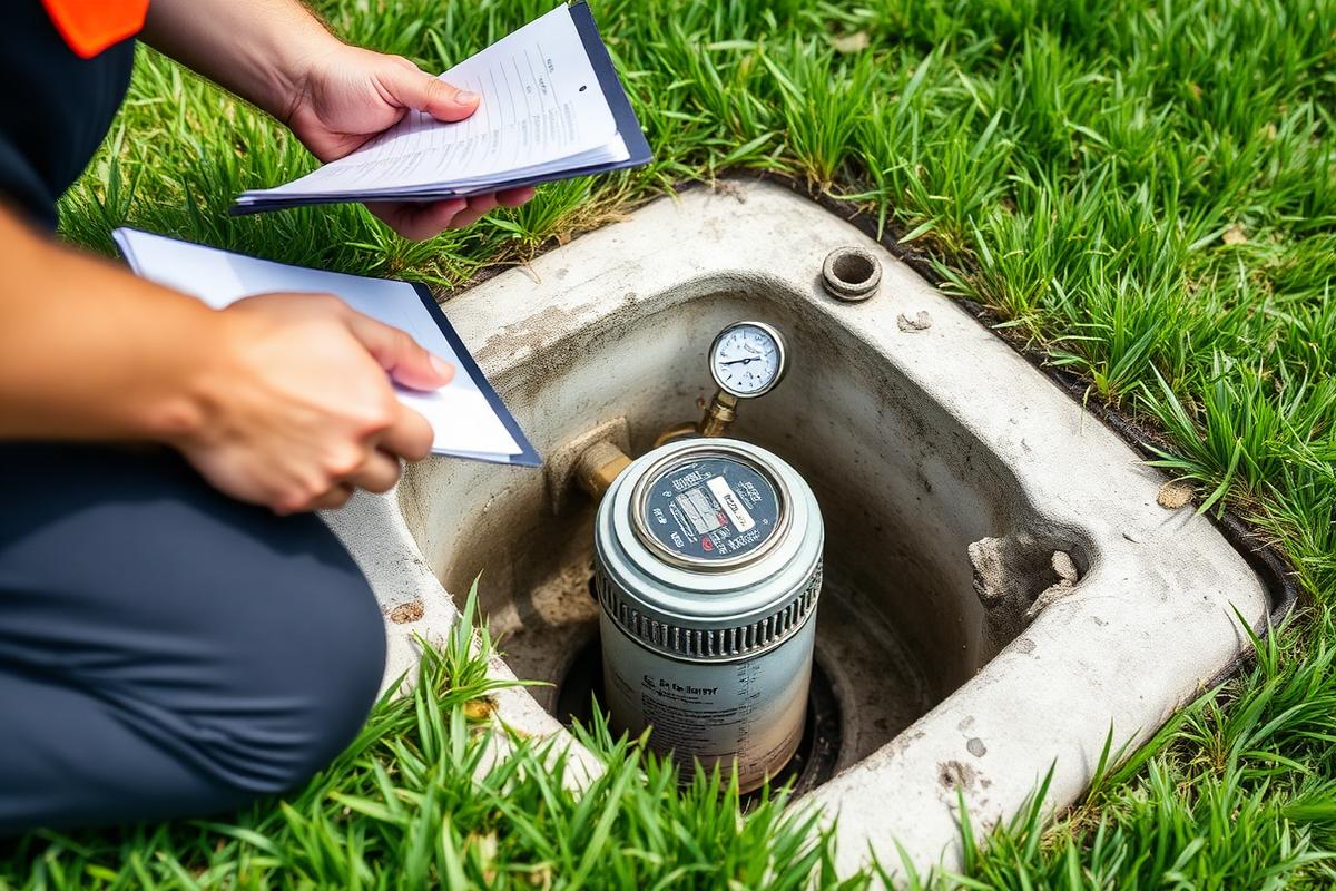 Technician reading a Tampa residential water meter to confirm continuous water loss